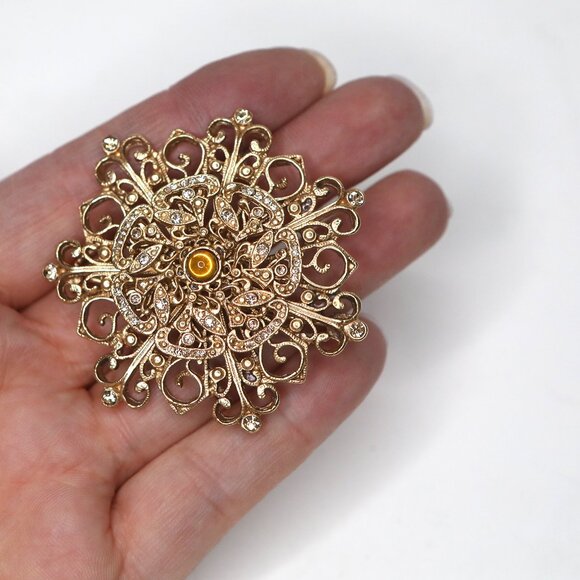 Vintage Gold Tone Starburst Brooch Large Pin Retro Jewelry Clear Amber Stones - Picture 6 of 7